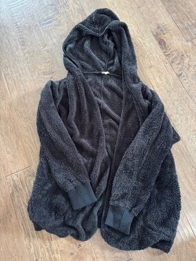 Hem & Thread Black Plush Hooded Open Cardigan